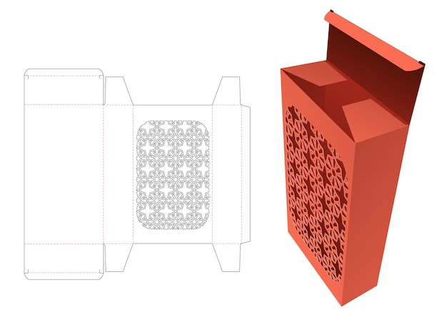 Caja de cartón con plantilla troquelada de ventana de patrón estarcido y maqueta 3D