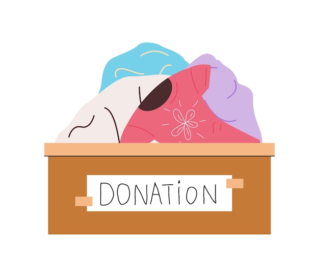 Caja de cartón con ropa de bebé diferente para donaciones Concepto de caridad Ilustración de vector plano