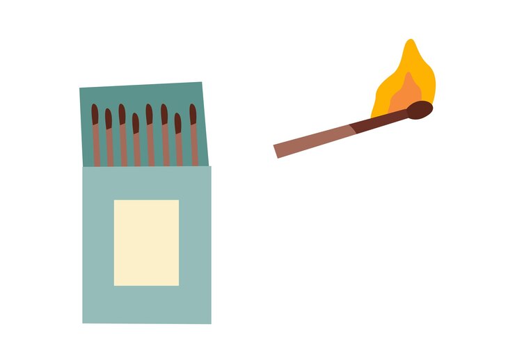 Vector caja de cerillas con fósforo en estilo plano ilustración dibujada a mano