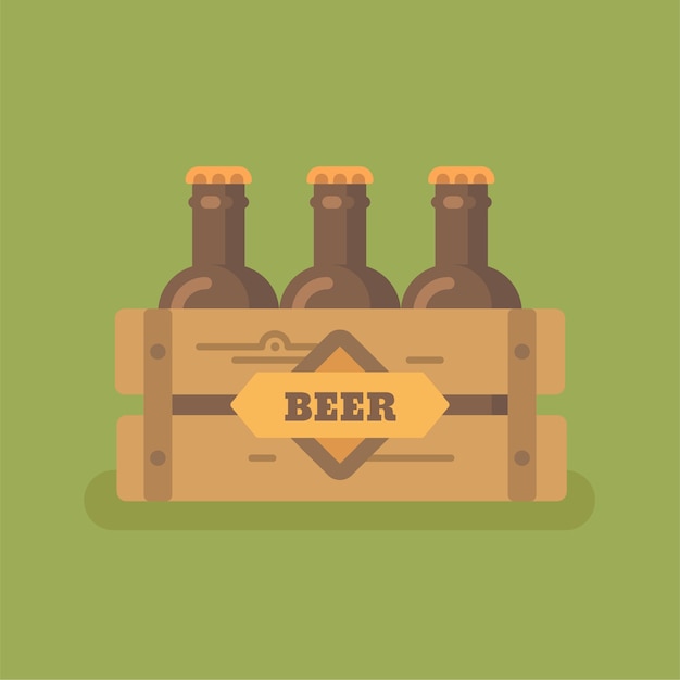 Caja de cerveza con tres botellas de cerveza ilustración plana