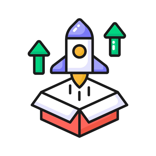 Caja con cohete que muestra el concepto de lanzamiento del producto icono de inicio de negocio vectorial
