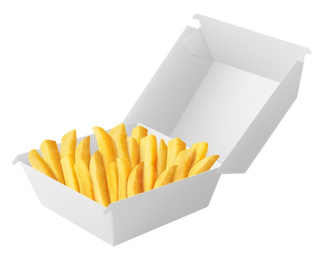 Caja de comida blanca con patatas fritas embalaje para hamburguesa almuerzo comida rápida sándwich de hamburguesa aislado en fondo blanco embalaje caja de cartón maqueta ilustración vectorial 3d realista