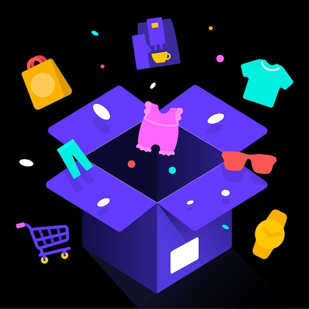 una caja de compras con compras y regalos en un fondo oscuro