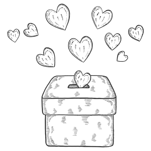 Caja con corazón caridad día internacional humanitario garabato aislado boceto dibujado a mano con estilo de esquema