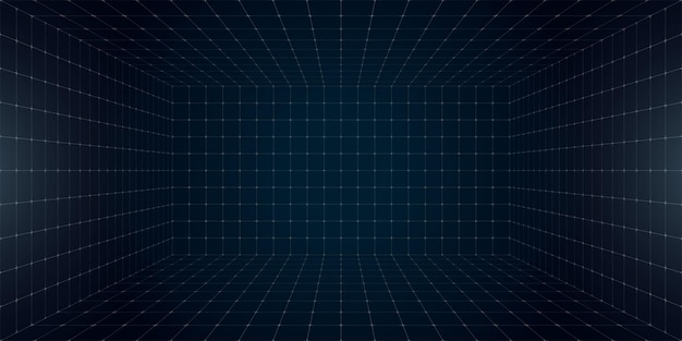 Caja de cuadrícula de perspectiva futurista con diseño de marco de alambre abstracto con líneas de cuadrícula blancas en oscuro