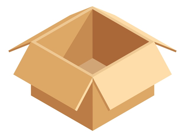Caja de cubo abierta. Paquete de paquete de cartón isométrico aislado sobre fondo blanco.