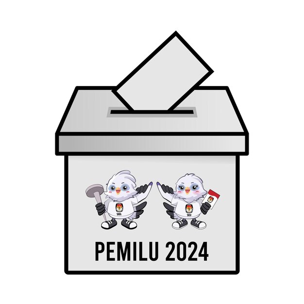 Caja del día de las elecciones indonesias de 2024 con la mascota Sura y Sulu