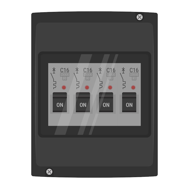 Caja de distribución negra con puerta semitransparente y interruptores de circuito instalados