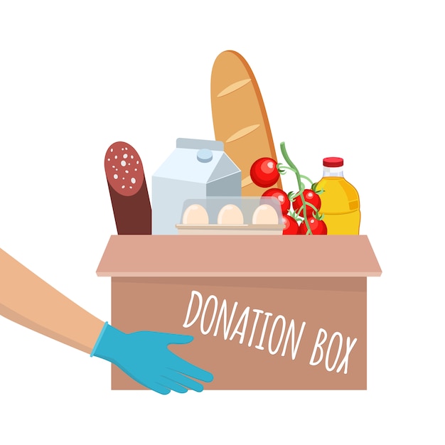 Caja de donación de alimentos con diferentes alimentos en el mismo. manos dando caja. entrega del producto durante la cuarentena.