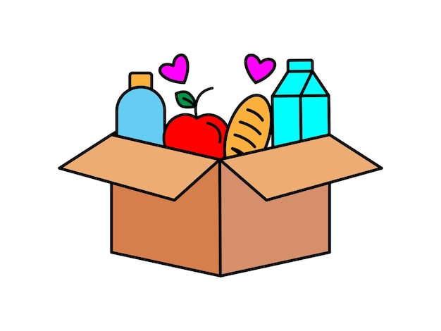 Caja de donación de alimentos para personas pobres y sin hogar Caja con diferentes diseños de platos de alimentos Apoyo