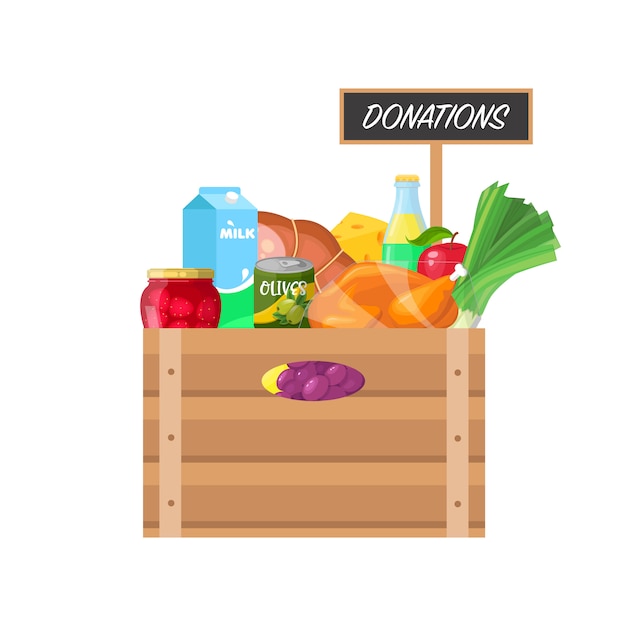 Vector caja con donación de alimentos.