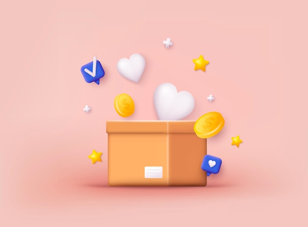Caja de donación con dinero de moneda de oro Donación y concepto de caridad Ilustraciones vectoriales web en 3D