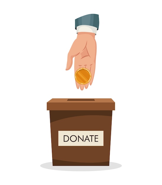 Caja de donación con diseño de moneda de oro con inserción de mano humana