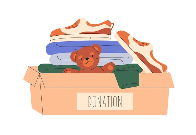 Caja de donación con juguetes para niños ropa para niños ayuda humanitaria de caridad ayuda voluntaria de caridad para huérfanos donación al concepto de orfanato ilustración vectorial plana aislada sobre fondo blanco