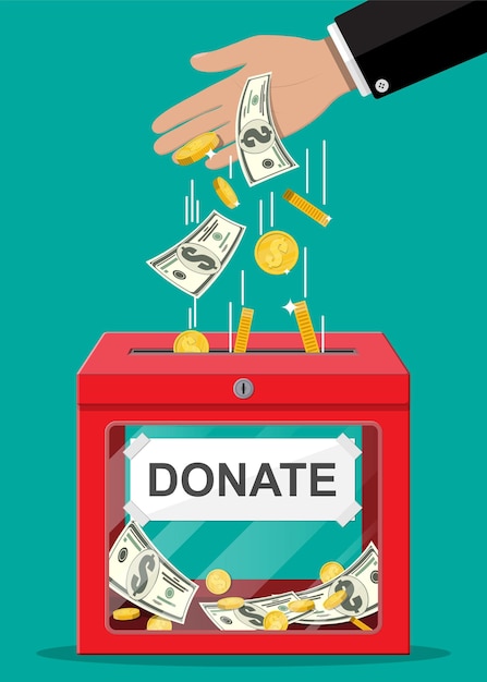 Caja de donación con monedas de oro y billetes de dólar. Concepto de caridad, donación, ayuda y ayuda.