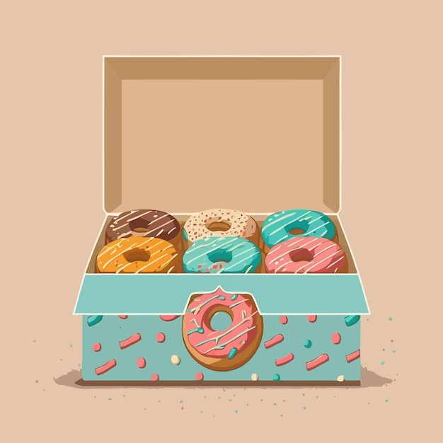 Vector caja de donut panadería logo dibujos animados donut icono o etiqueta y menú de café