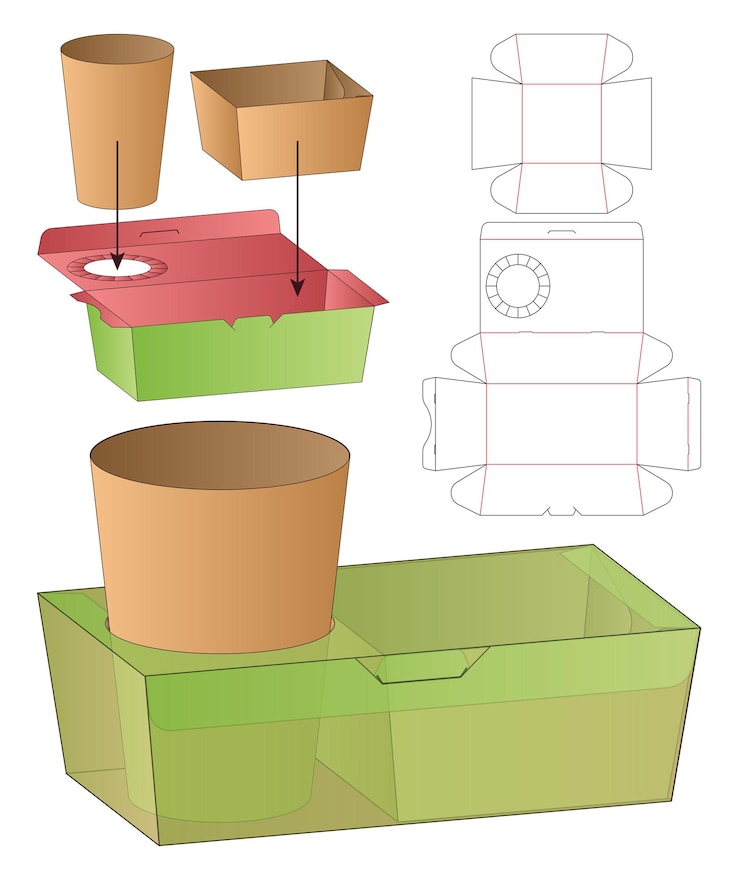 Vector caja de embalaje diseño de plantilla troquelada maqueta 3d