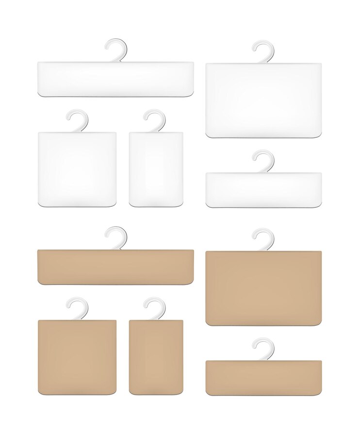 Vector caja de embalaje de papel blanco y marrón realista con percha
