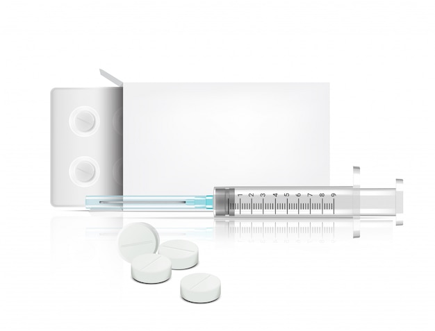 Vector caja de embalaje de píldoras realistas medicina sobre fondo blanco con jeringa