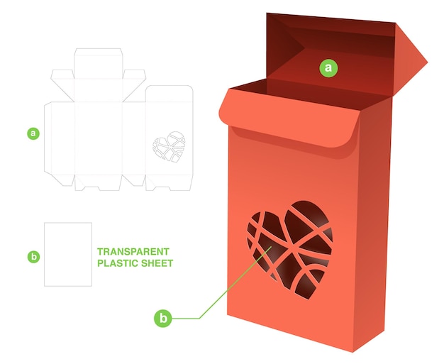 Caja de embalaje con plantilla troquelada de ventana de corazón y maqueta 3d