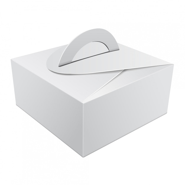 Caja de embalaje de regalo blanca con mango para pastel. Plantilla de contenedor de embalaje de cartón para la decoración del banquete de boda