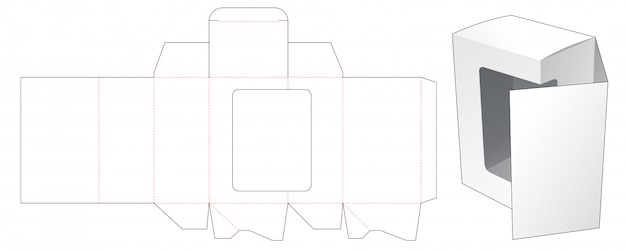 Caja de embalaje con tapa abatible frontal con plantilla troquelada para ventana