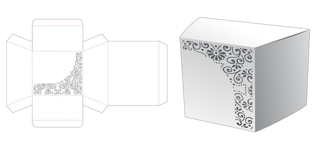 Caja de embalaje trapezoidal con plantilla troquelada con patrón estampado y maqueta 3D