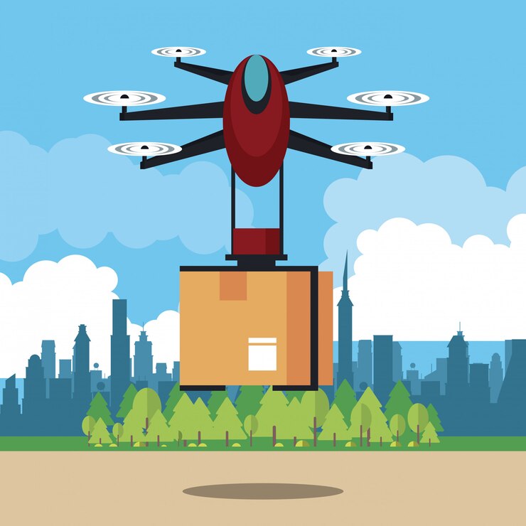 Vector caja de entrega de aviones no tripulados en la ciudad.