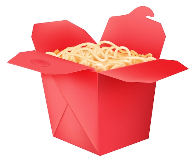 Caja de fideos rojos Paquete de comida rápida asiática aislado sobre fondo blanco.