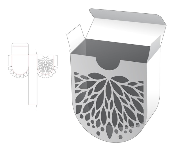 Caja de fondo redondo estampada con plantilla troquelada y maqueta 3d