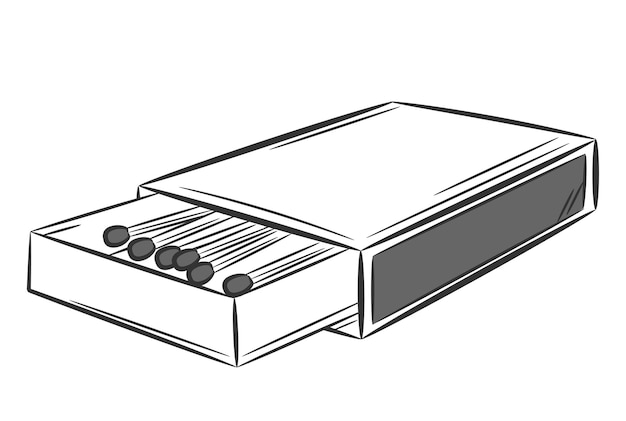 Caja de fósforos de cartón con fósforos. Estilo de dibujo de fideos. Un dibujo lineal simple de una caja.