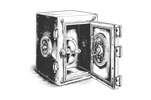 Caja fuerte retro con puerta abierta boceto dibujado a mano diseño de ilustración vectorial