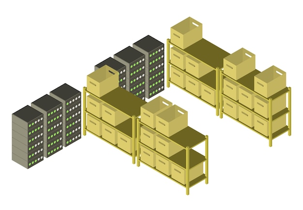 Vector caja de hardware completa de oficina isométrica y sistema de servidor copia de seguridad de datos de red digital