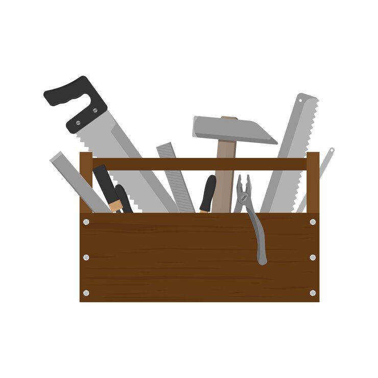 Vector caja de herramientas de madera con varias herramientas manuales