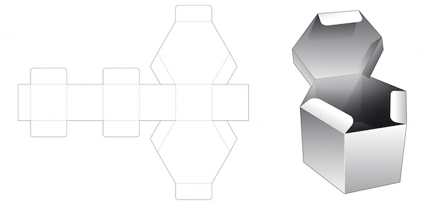 Caja hexagonal con tapa abatible plantilla troquelada