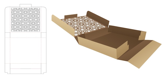 Caja de hojalata de panadería doblada con plantilla troquelada de patrón árabe y maqueta 3D