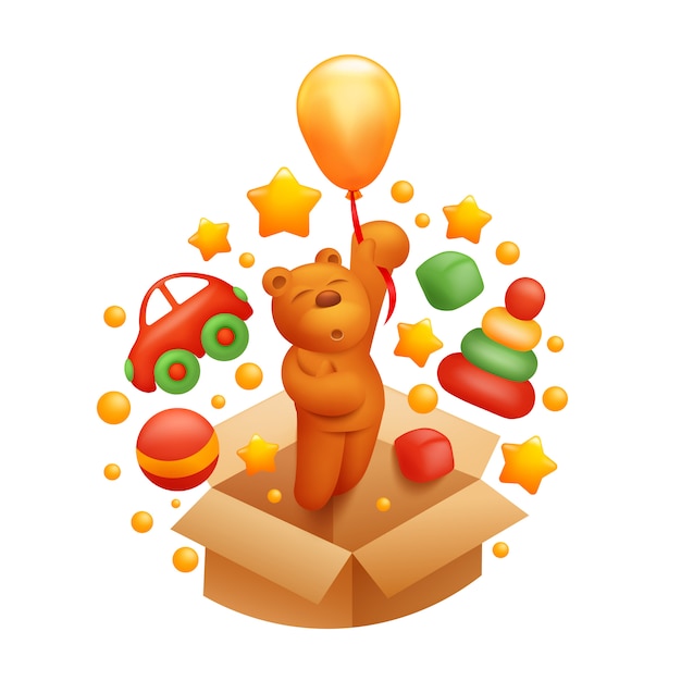 Caja de juguetes con bola piramidal de coche y oso volador en globo