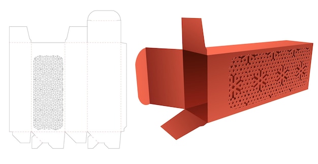 Caja larga con plantilla troquelada de ventana estampada y maqueta 3d