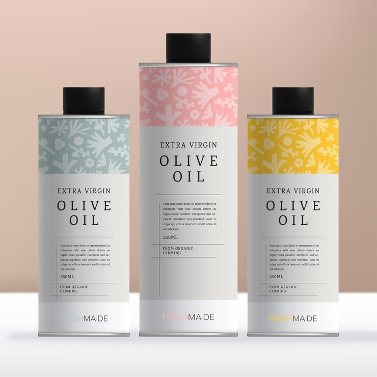 Caja de lata redonda de vector o envasado de botellas para productos de aceite de oliva con un patrón floral mínimo