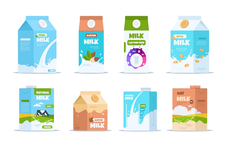 Vector caja de leche. contenedores de comida de dibujos animados con soja orgánica de almendras y leche sin lactosa