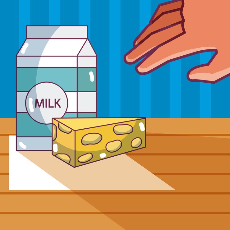 Vector caja de leche y queso con huevo sobre mantel