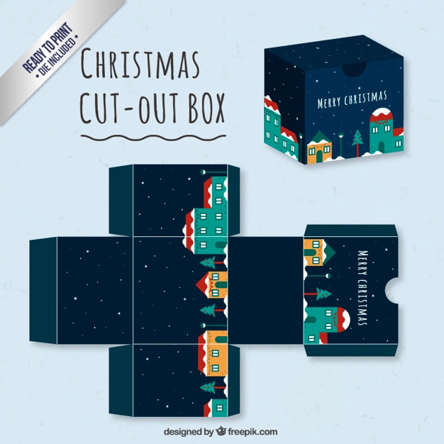 Vector caja linda con un pueblo navideño