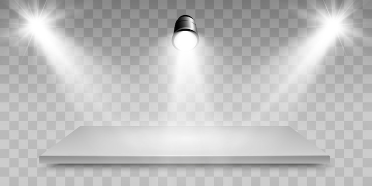 Vector caja de luz 3d realista con fondo de plataforma para rendimiento de diseño, espectáculo, exposición interior de estudio de caja de luz. podio con focos.