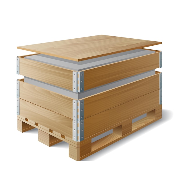 Caja de madera con carga sobre palet. Ejemplo de embalaje de producto. El símbolo de transporte de entrega. Ilustración vectorial