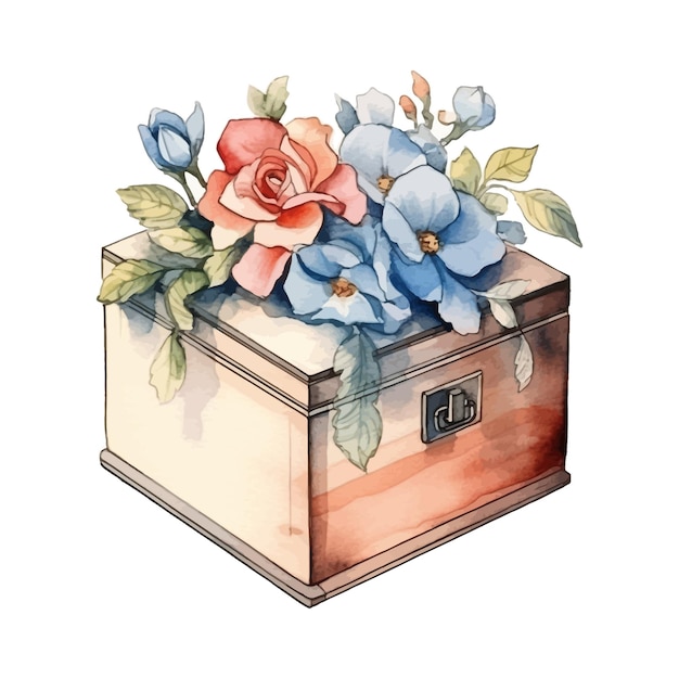 Caja de madera de flores de acuarela Ilustración vintage dibujada a mano
