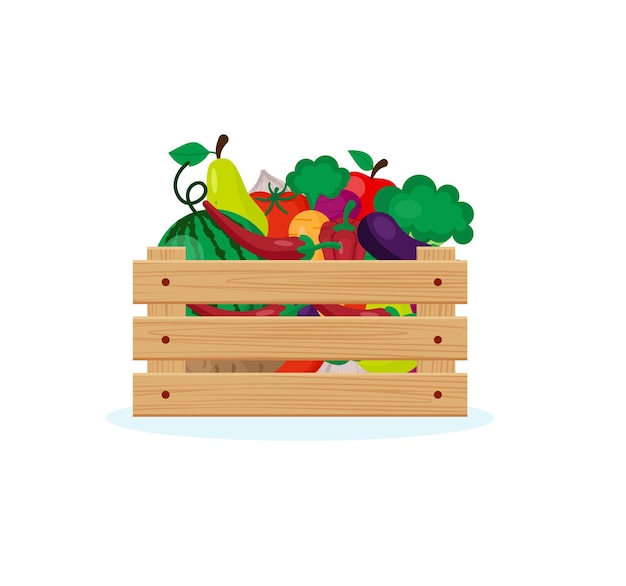Caja de madera con frutas y verduras.el concepto de la ilustración de vector de festival de la cosecha en estilo plano