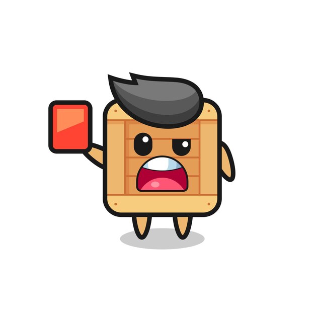 Caja de madera linda mascota como árbitro dando una tarjeta roja, diseño de estilo lindo para camiseta, pegatina, elemento de logotipo