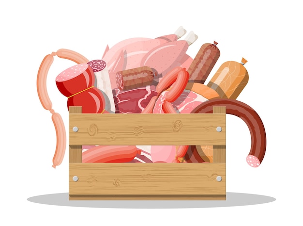 Caja de madera llena de carne. Chuleta, salchichas, tocino, jamón. Ternera de carne veteada. Carnicería, asador, productos orgánicos agrícolas. Comida de abarrotes. Filete de cerdo fresco. Estilo plano de ilustración vectorial