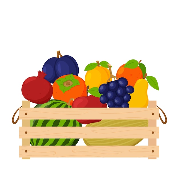 Una caja de madera llena de fruta fresca madura, sandía, uvas, manzana, pera. Alimentos orgánicos naturales.