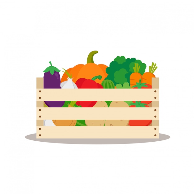 Vector caja de madera llena de verduras frescas